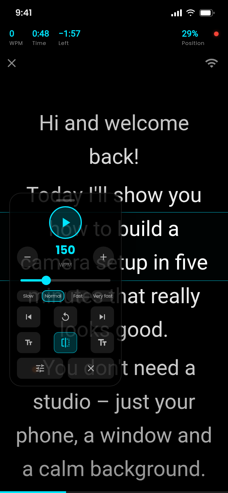 Prompter with the control panel: play, speed in WPM, speed presets, cue markers, restart, font size and mirror