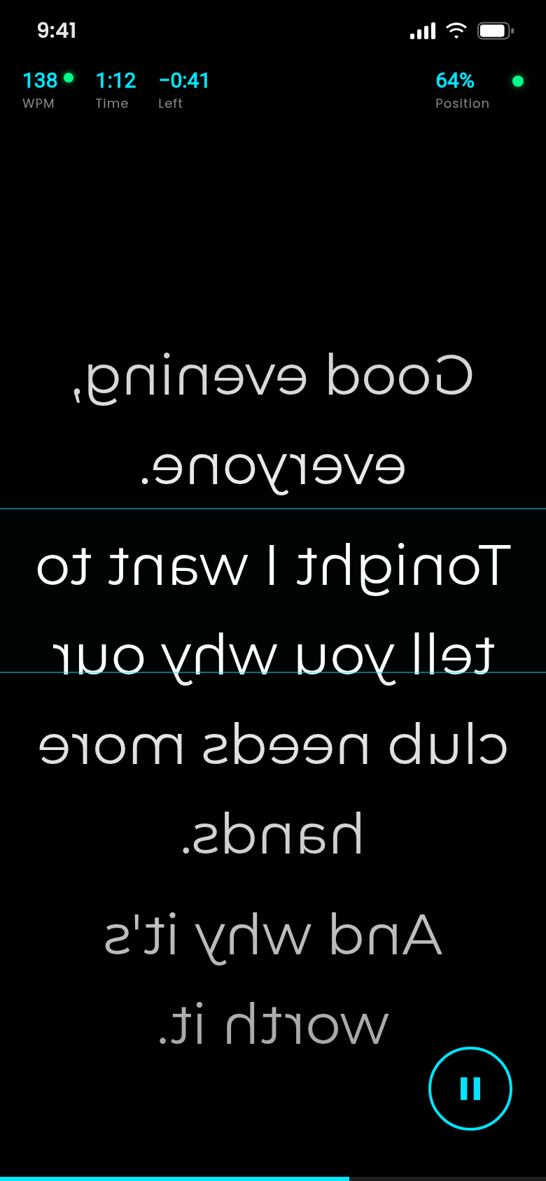 Mirrored prompter text for a teleprompter glass, the info bar stays readable