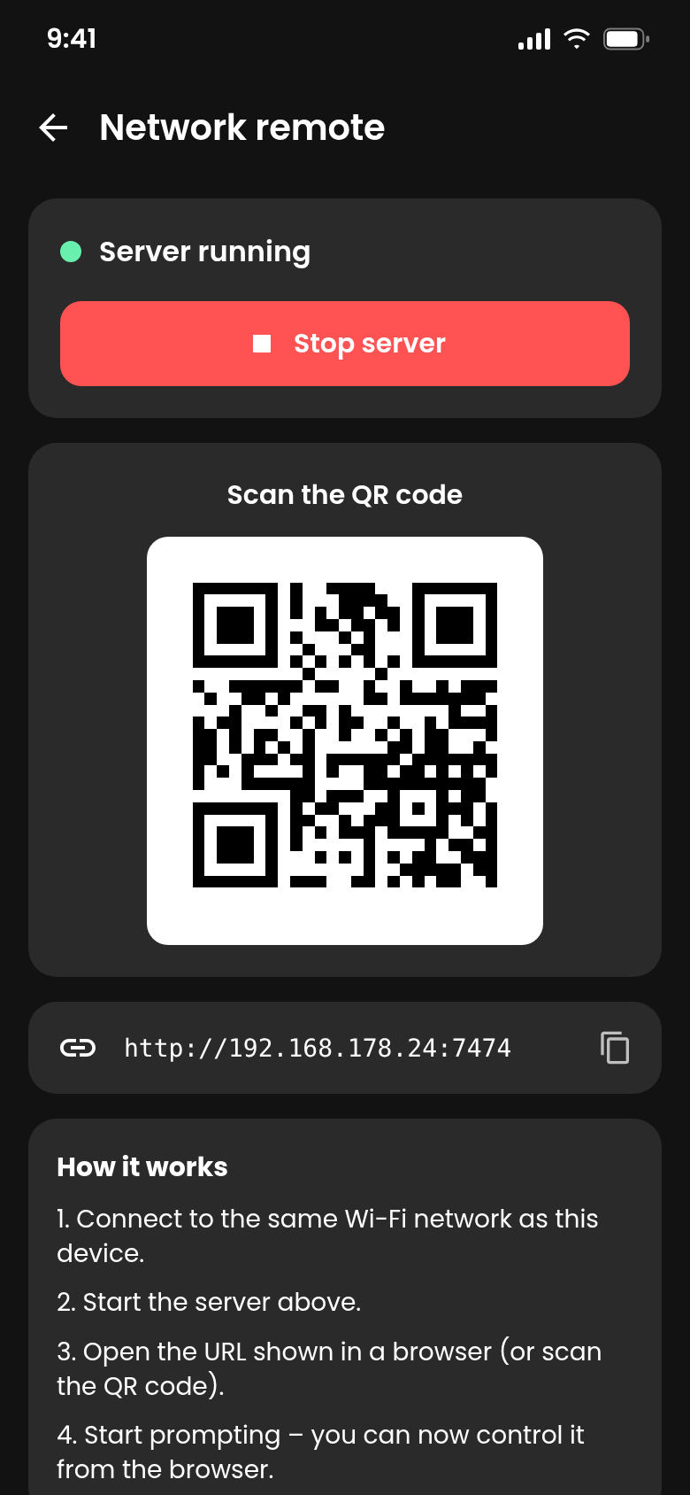 Network remote with QR code and local address for a browser on a second device